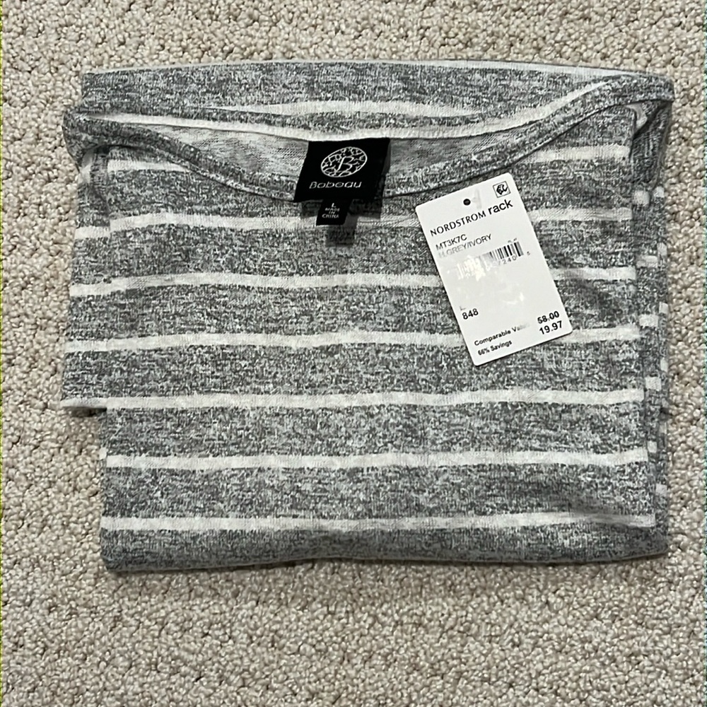 BOBEAU Tee sz Large NWT Grey/Ivory 3/4 sleeves